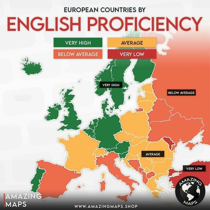 Map of European countries color-coded by English proficiency levels from very high to very low.