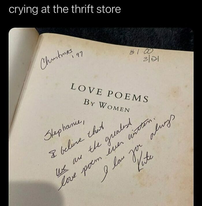 Handwritten note inside a vintage book titled Love Poems by Women, featured in top LGBTQ+ memes on Instagram page.