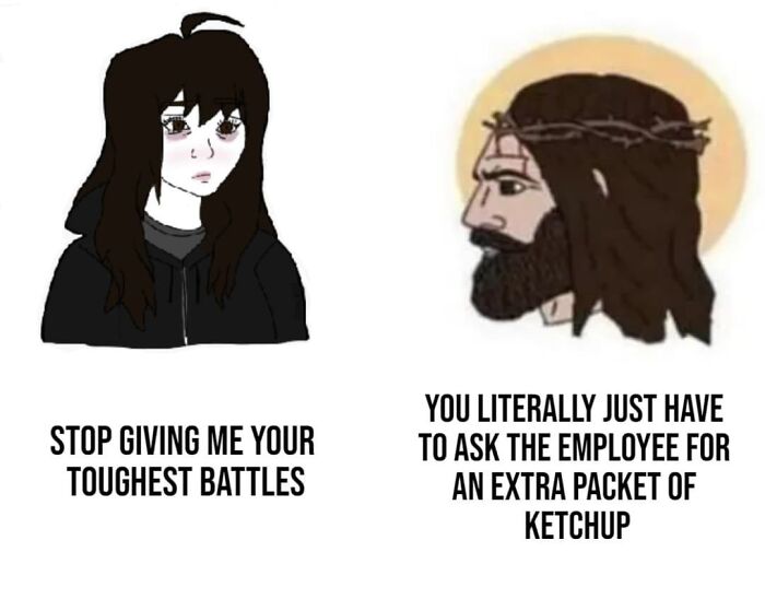 Illustration of a socially anxious person and Jesus with a caption about social anxiety memes on small everyday challenges.