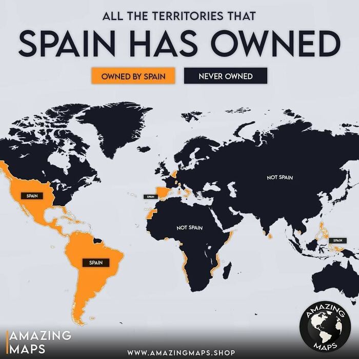 World map showing all territories historically owned by Spain, highlighted in orange, with remaining areas in dark blue.