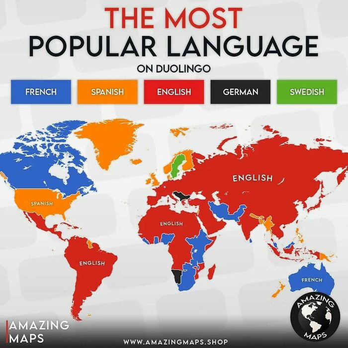 World map showing the most popular language on Duolingo by country, highlighting English, Spanish, French, German, and Swedish.