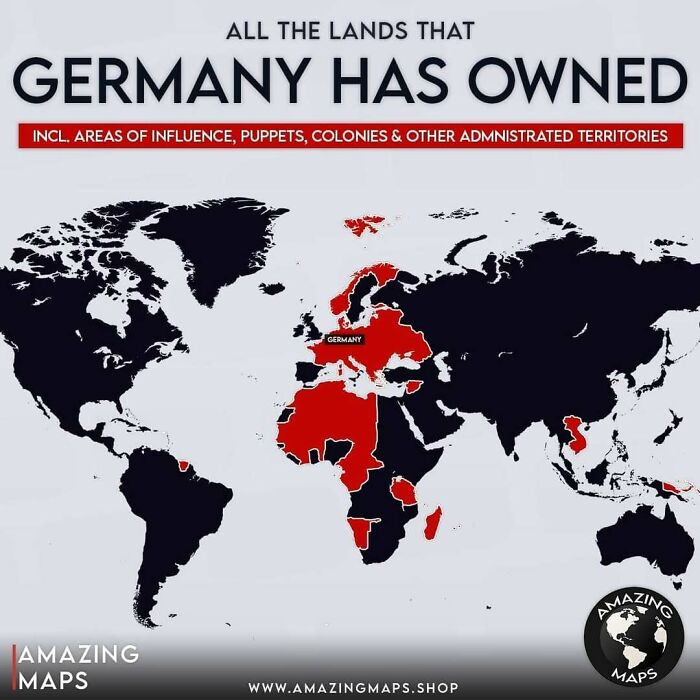 Map highlighting all the lands Germany has owned, including colonies and territories, in an amazing maps style.