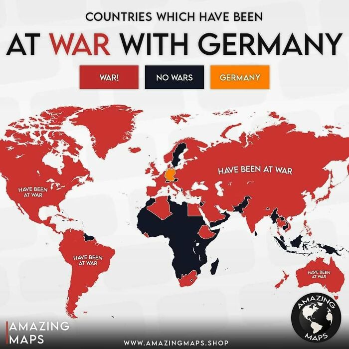 World map highlighting countries that have been at war with Germany, shown in red for amazing maps insight.