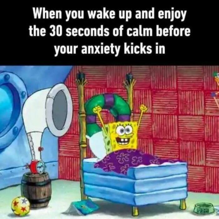 SpongeBob waking up happily in bed with text about calm moments before social anxiety kicks in, representing social anxiety memes.