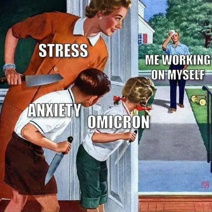 Vintage style illustration showing stress, anxiety, and omicron hiding with knives while person works on self, social anxiety memes.