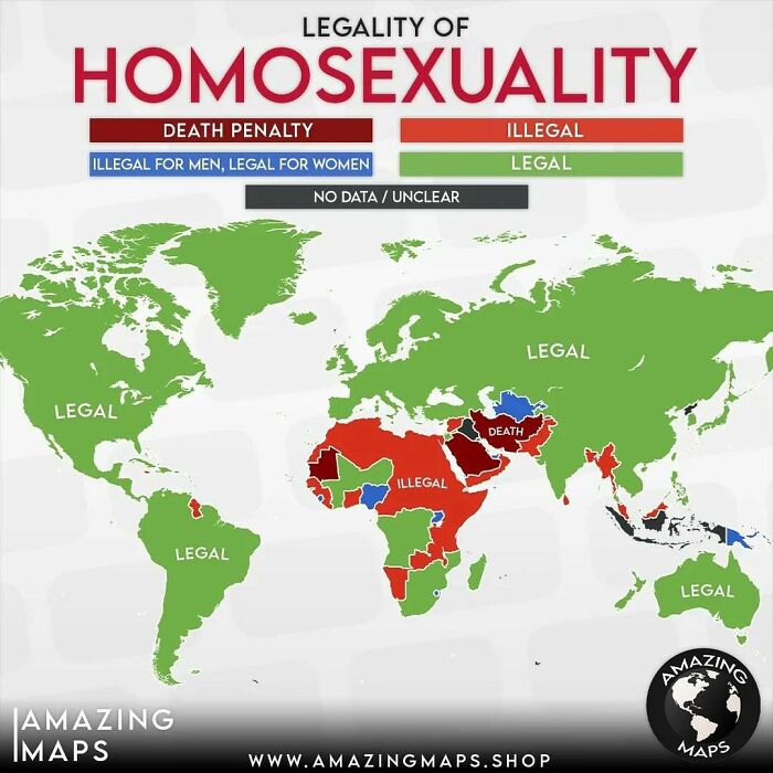 World map showing the legality of homosexuality by country, highlighting regions with death penalty, illegal, and legal status.