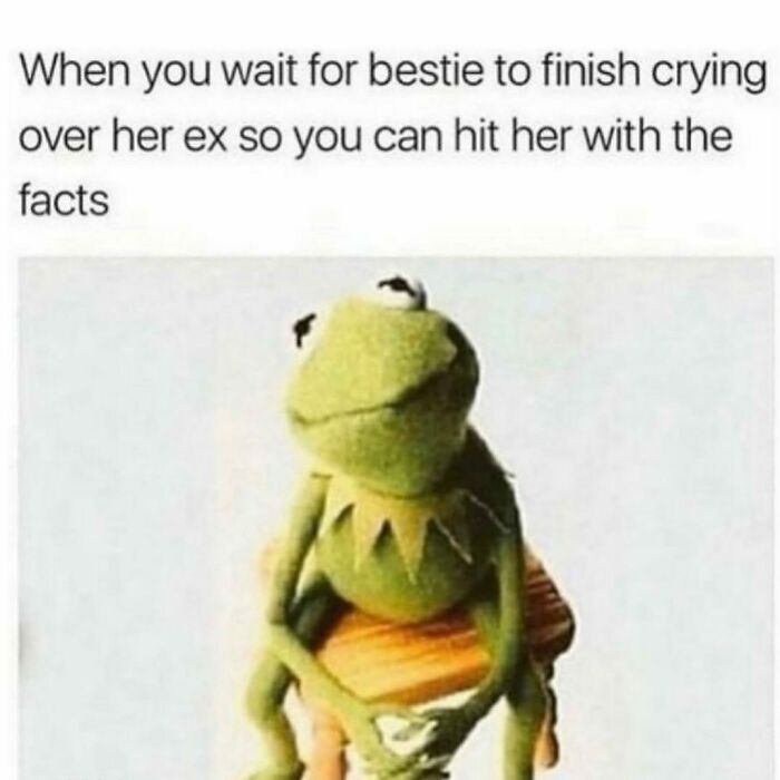 Kermit meme waiting patiently to share facts with bestie, a relatable friendship meme about supporting friends through breakups.