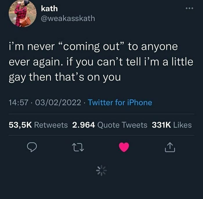 Twitter post meme about coming out with high engagement on an LGBTQ+ memes Instagram page.