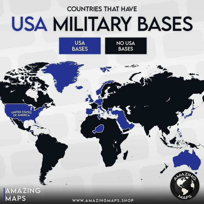 World map highlighting countries with USA military bases in blue and others in black for amazing maps insight.