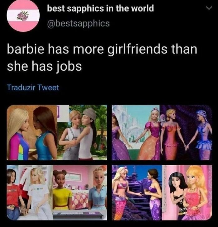 LGBTQ+ meme showing Barbie dolls with multiple girlfriends highlighting queer representation and humor on Instagram.