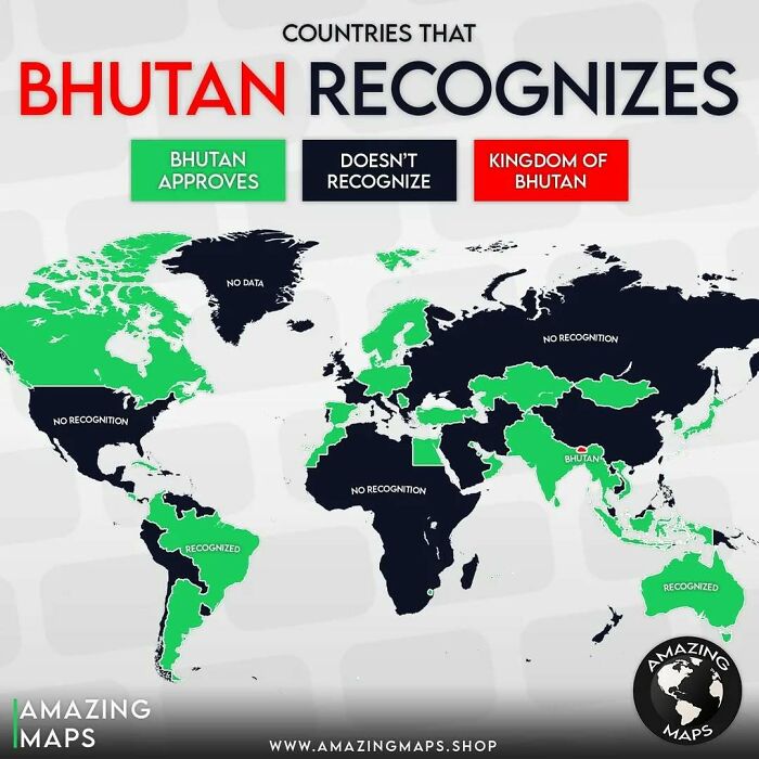 World map showing countries that Bhutan recognizes, with color coding for approval, non-recognition, and Bhutan territory.