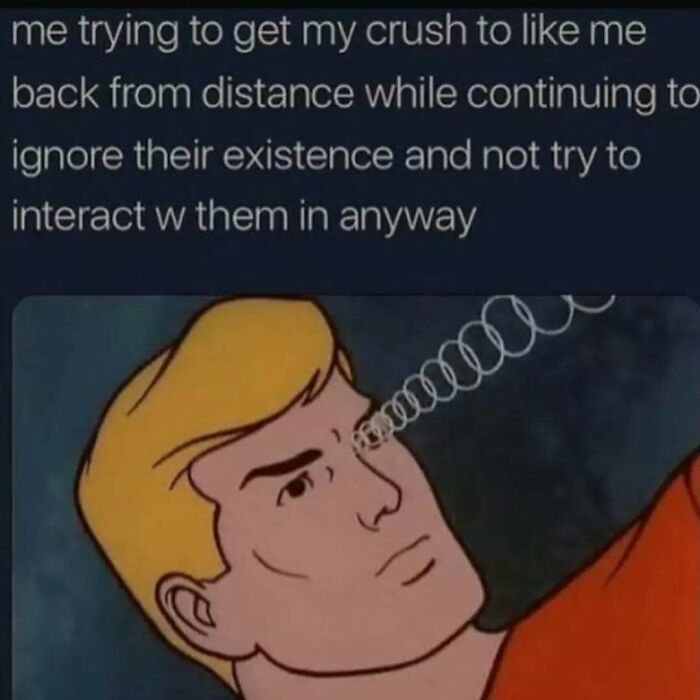 Person with spiral eyes and text about trying to get a crush to like them while avoiding interaction, social anxiety memes.