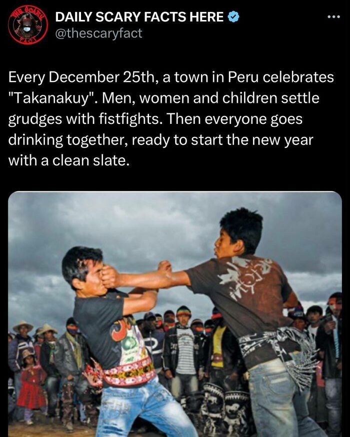 Young men fistfighting during the Takanakuy tradition in Peru, a scary fact about settling grudges with fistfights.