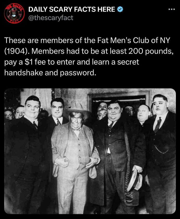 Vintage black and white photo of men from Fat Men's Club NY in 1904 illustrating scary facts history.