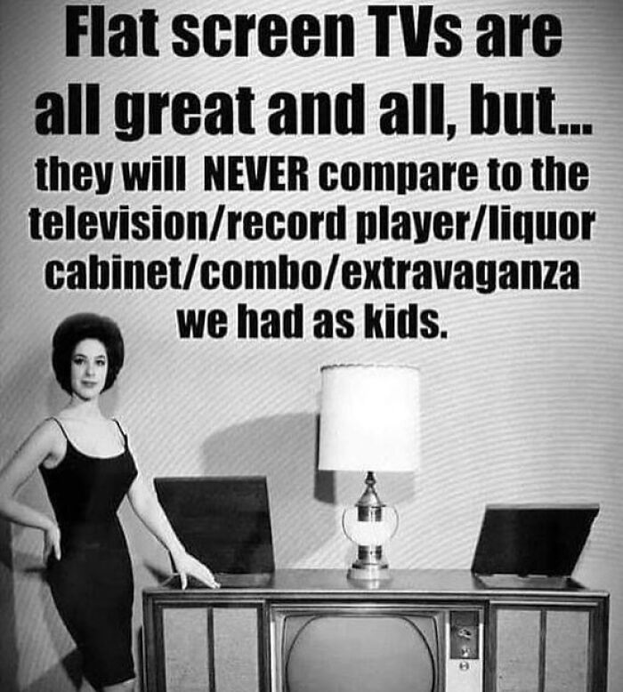 Black and white image with nostalgic '80s living room setup and text about television and record player combos from the good old days.