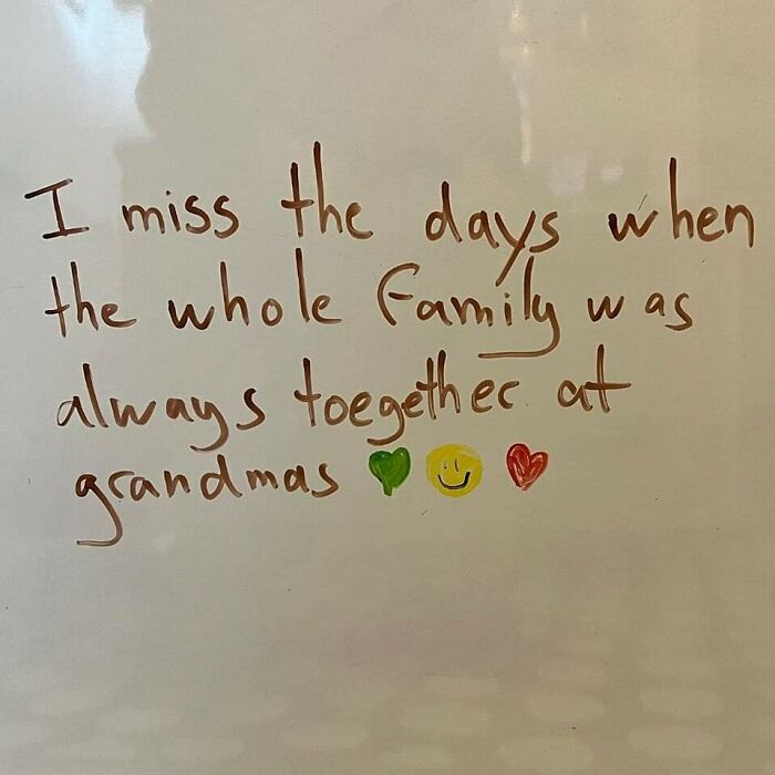 Handwritten note expressing nostalgia for family times at grandma's, evoking memories of the good old days in the 80s.