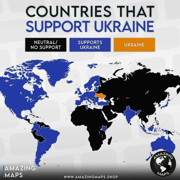 World map showing countries that support Ukraine, highlighting support levels with colors in an amazing maps visualization.