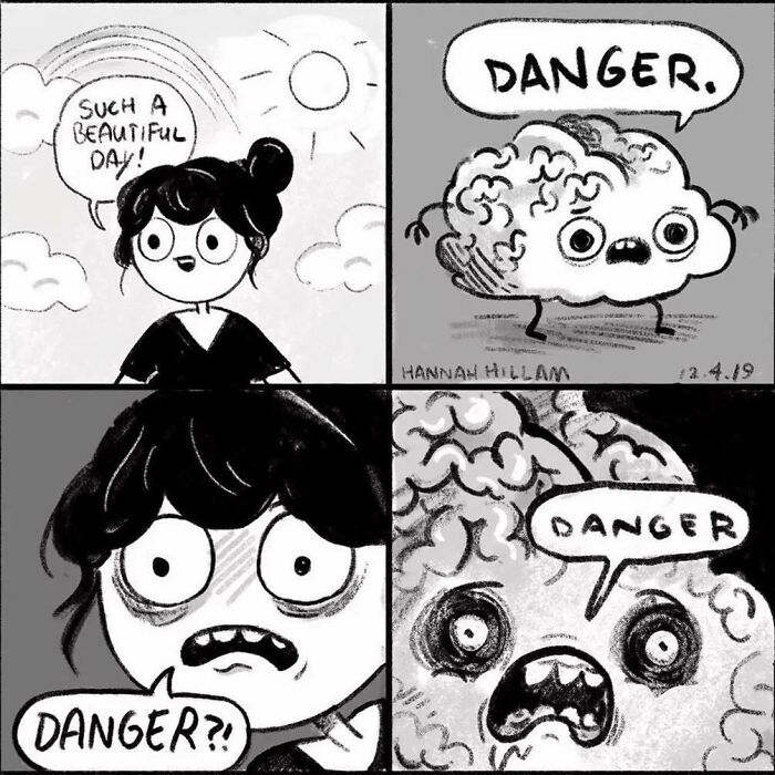 Black and white comic panels depicting social anxiety memes with a character and an anxious brain saying danger twice.