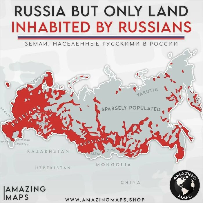 Map highlighting land inhabited by Russians in Russia, illustrating population distribution in an amazing maps style.
