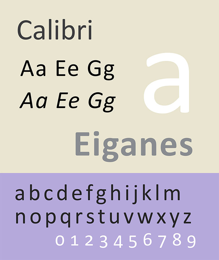 Sample of Calibri font showcasing uppercase, lowercase letters and numbers with clear and modern typography style.