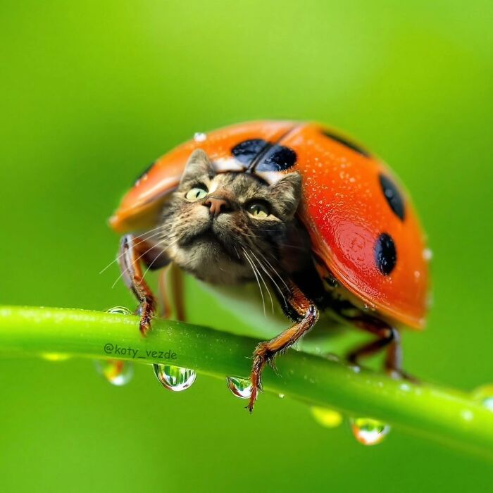 Ladybug with a cat face on a green stem, blending hilarious and slightly creepy cat face effects in nature.