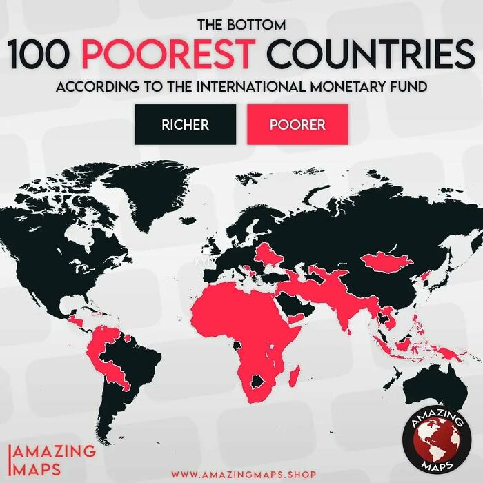 World map highlighting the bottom 100 poorest countries in red according to the International Monetary Fund data.
