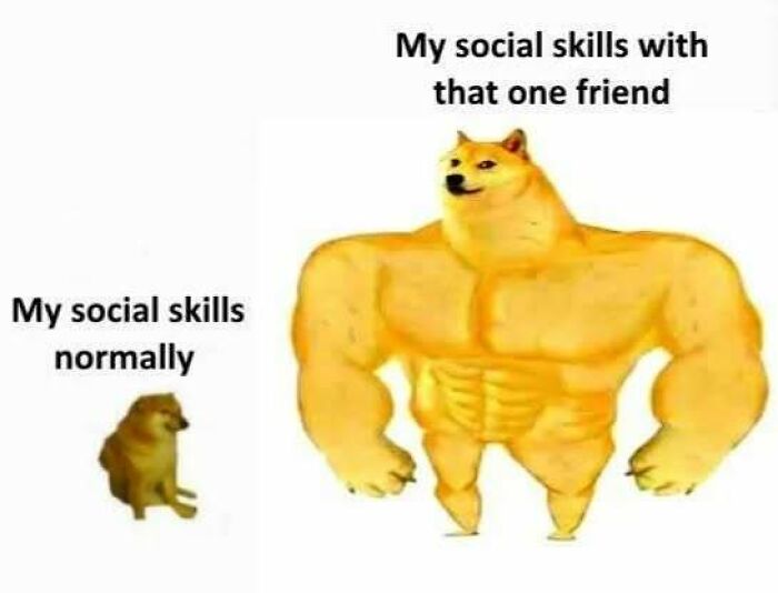 Comparison of weak and strong social skills featuring muscular and small Doge dogs, a relatable social anxiety meme.