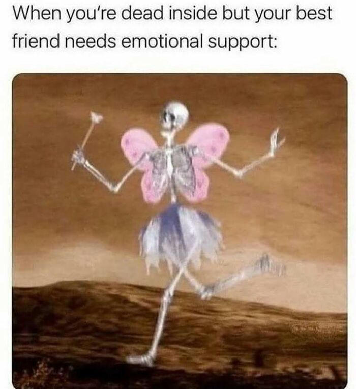 Skeleton dressed as a fairy with wings and tutu, running while holding a wand, relatable social anxiety memes concept.