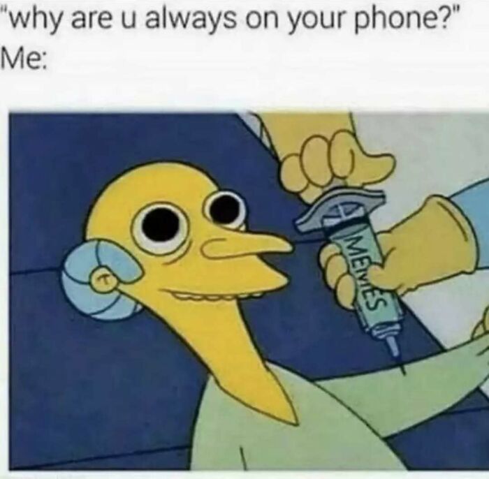 Cartoon character smiling with a syringe labeled memes, illustrating social anxiety memes about always being on the phone.
