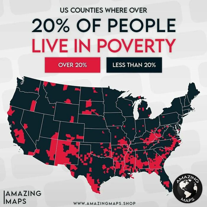 Map showing US counties where over 20 percent of people live in poverty, highlighting regional poverty distribution across the country.
