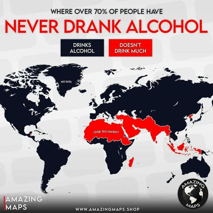 World map highlighting regions where over 70% of people have never drank alcohol, shown in red for amazing maps insight.