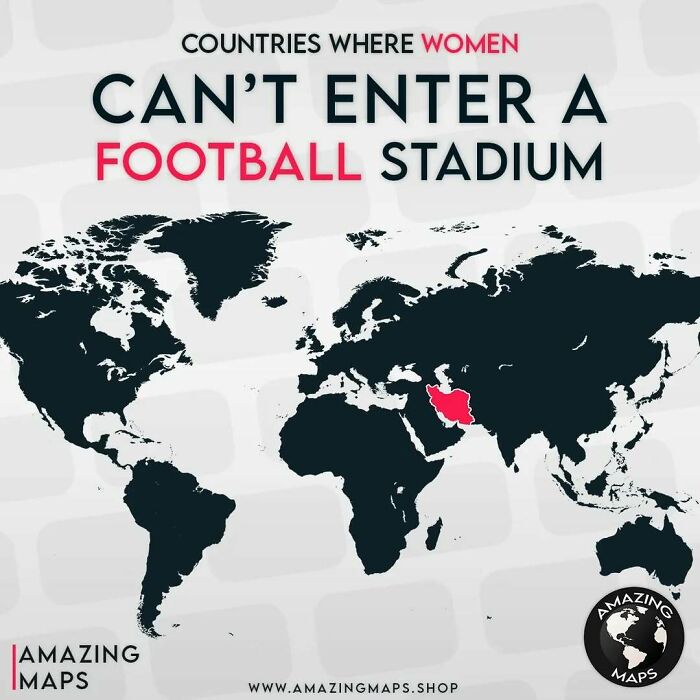World map highlighting countries where women are banned from entering football stadiums in amazing maps series.
