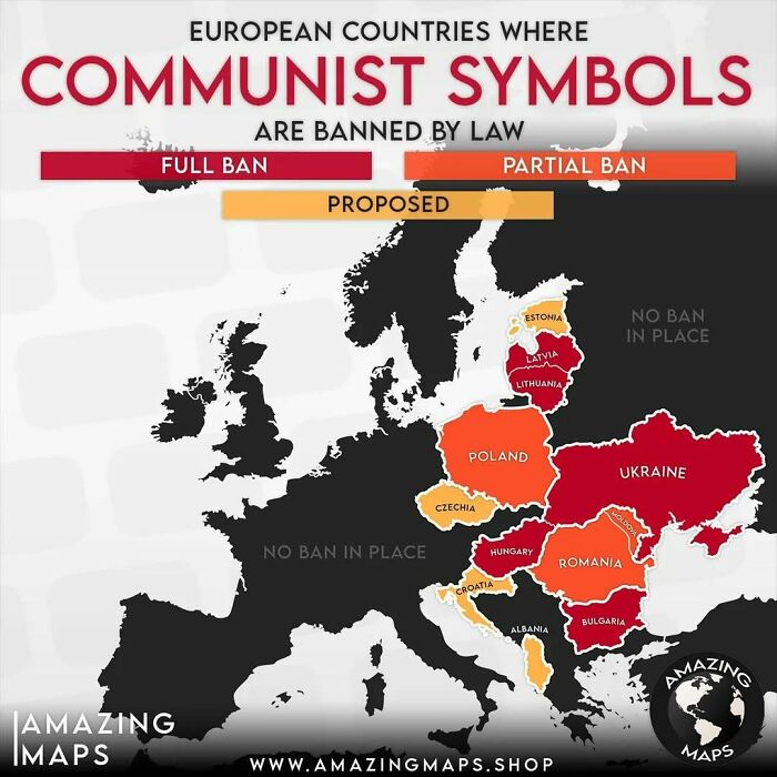 Map of European countries with full, partial, and proposed bans on communist symbols by law, highlighting regional restrictions.