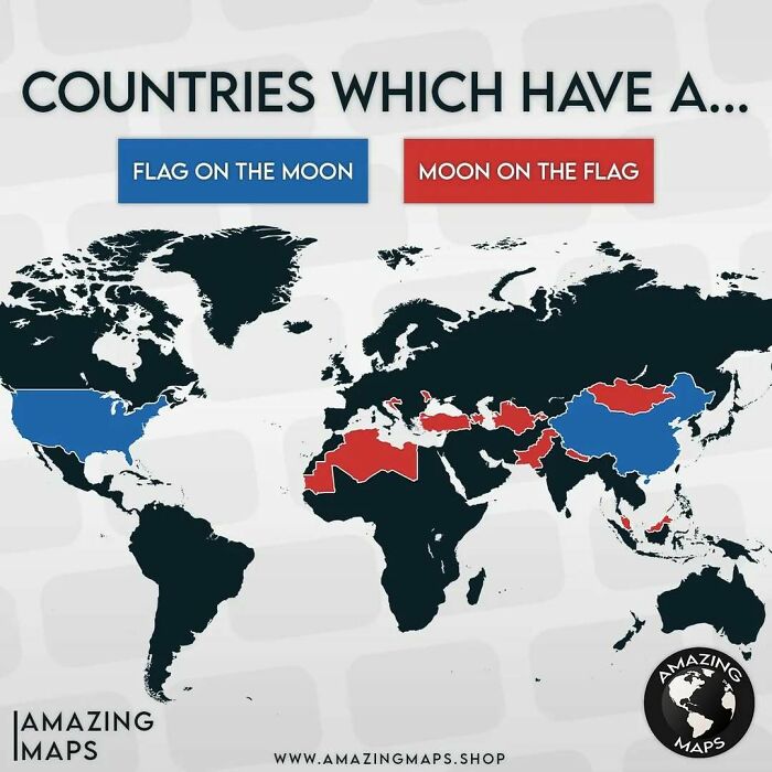 World map highlighting countries with a flag on the moon or moon on their flag in an amazing maps style.