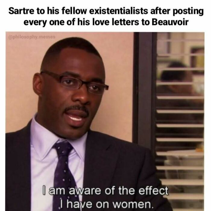 Man in glasses and suit speaking in an office meme about existentialism and philosophical memes humor.