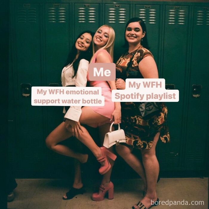 Three women posing playfully by lockers with labels referencing WFH emotional support water bottle, Spotify playlist, and me in a funny WFH meme.