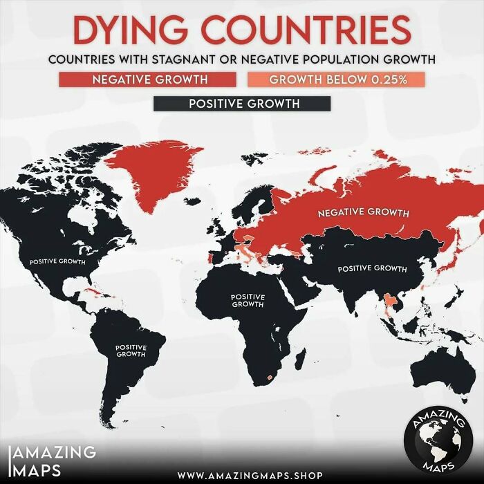 World map showing countries with negative or stagnant population growth contrasted with those having positive growth.