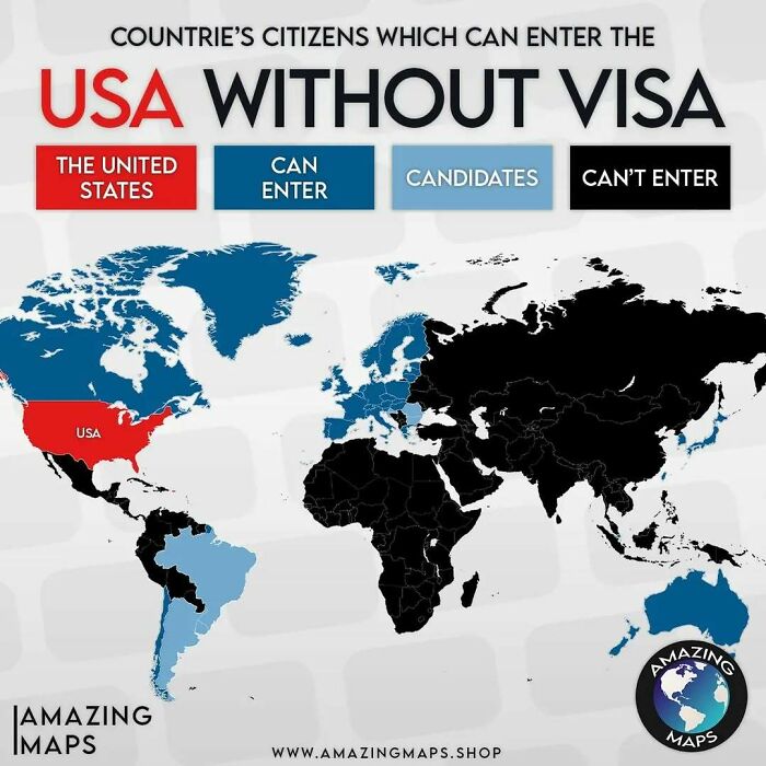 World map showing countries whose citizens can enter the USA without a visa, using color-coded visa access status.