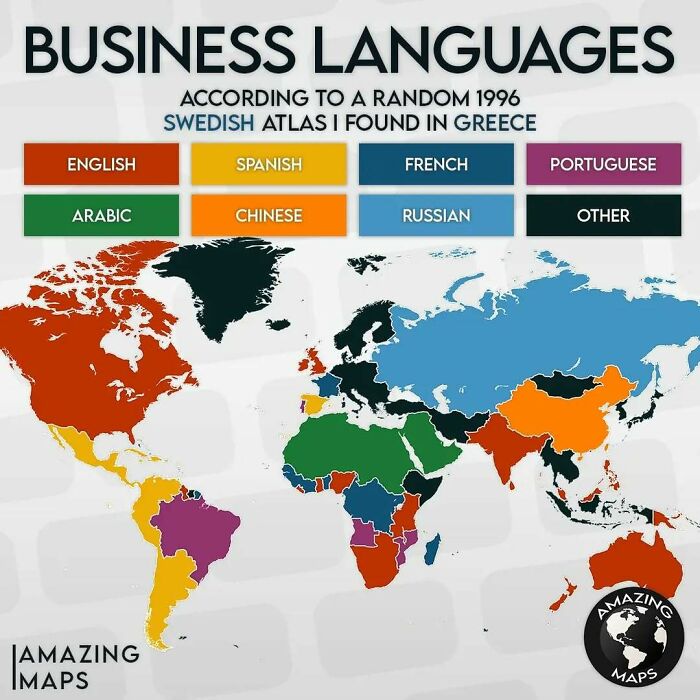 Business languages map showing dominant languages worldwide with color codes, sourced from a 1996 Swedish atlas found in Greece.