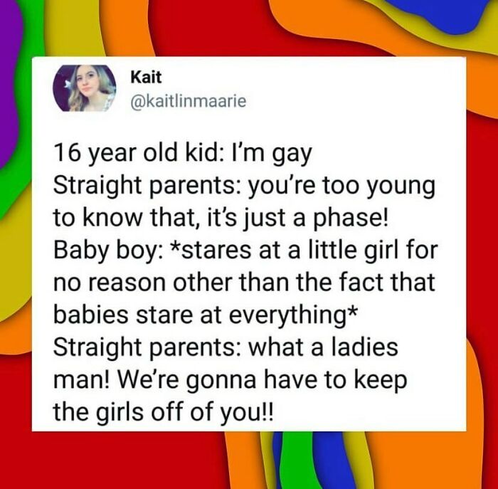 LGBTQ+ meme showing parents denying child's identity but praising typical behavior in a humorous way on colorful background.