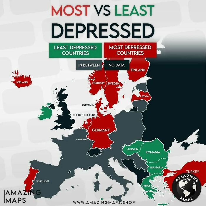 Map of Europe showing the most and least depressed countries with color-coded regions highlighting mental health trends.