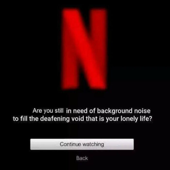Netflix screen with a sarcastic message about loneliness and background noise, relatable casual nihilism meme.