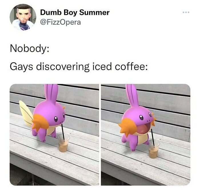 Meme from an LGBTQ+ page showing a cartoon character excitedly discovering iced coffee on a wooden bench.