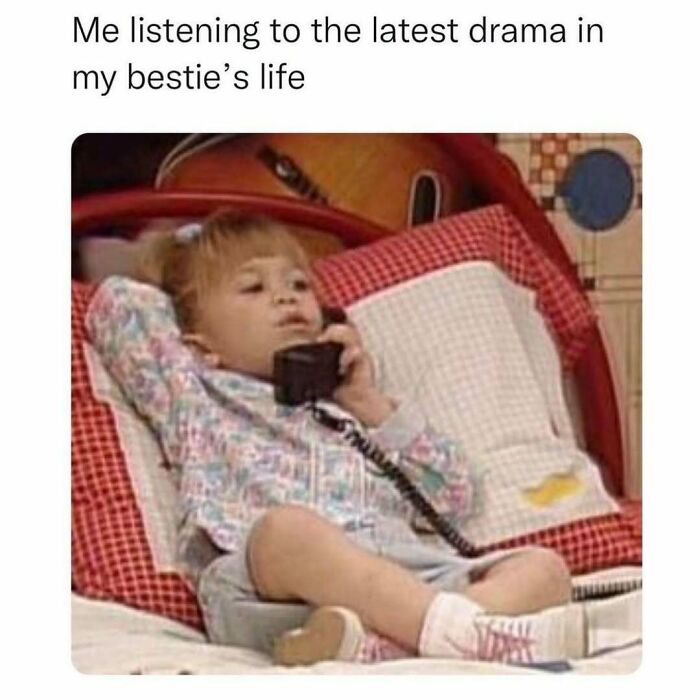 Young girl reclining on a couch, holding a phone, capturing a relatable friendship meme about listening to best friend drama.