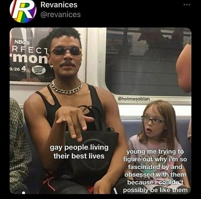 Man in sunglasses and chain necklace representing gay people living their best lives, next to a curious young girl on a subway, LGBTQ+ memes.