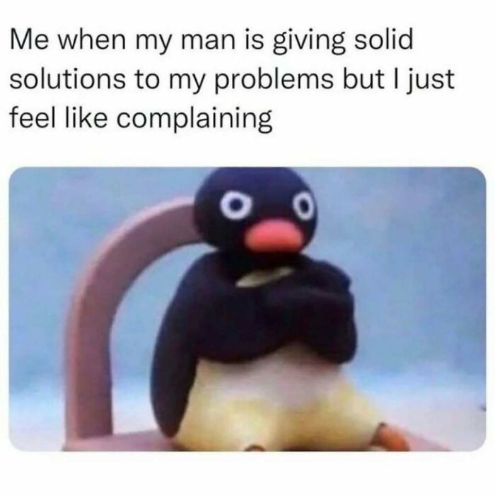 Relatable friendship meme showing a pouting penguin expressing frustration while receiving solid solutions from a friend.