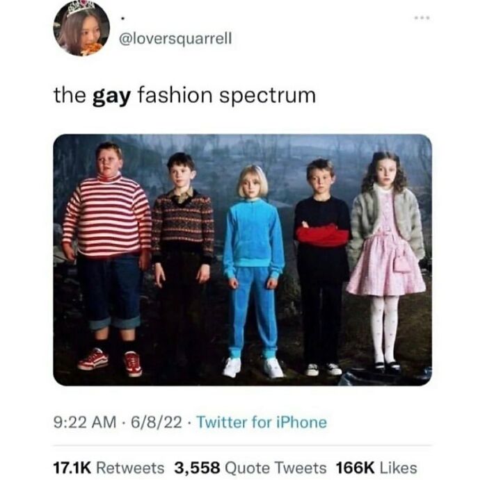 Screenshot of a tweet about the gay fashion spectrum featuring five children in diverse outfits from an LGBTQ+ memes Instagram page.