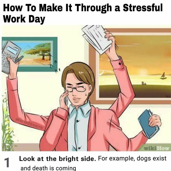 Multitasking person stressed at work, holding phone, papers, calculator, and notebook, illustrating casual nihilism humor.