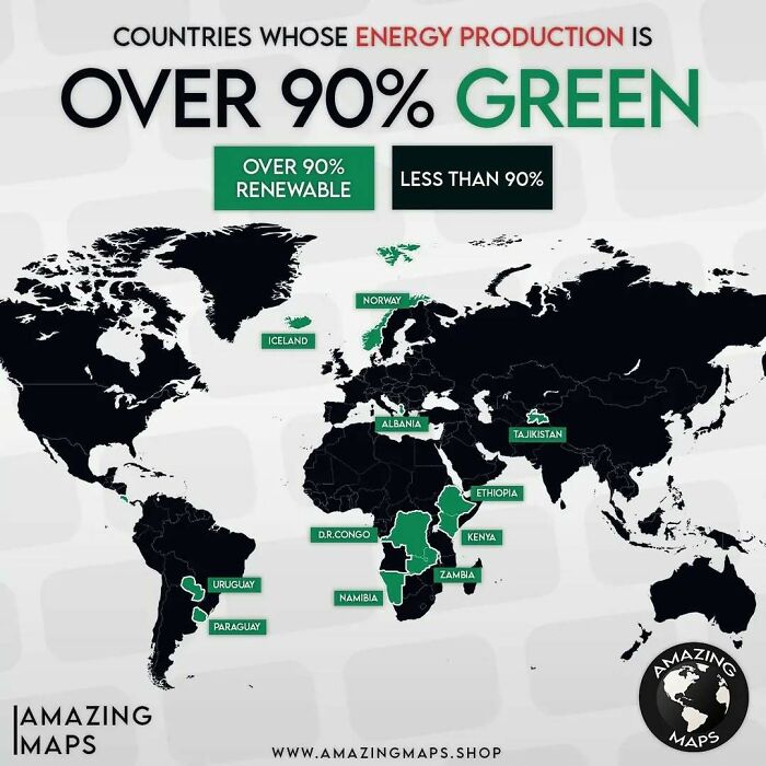 Map showing countries with over 90% green energy production highlighted in green across the world.