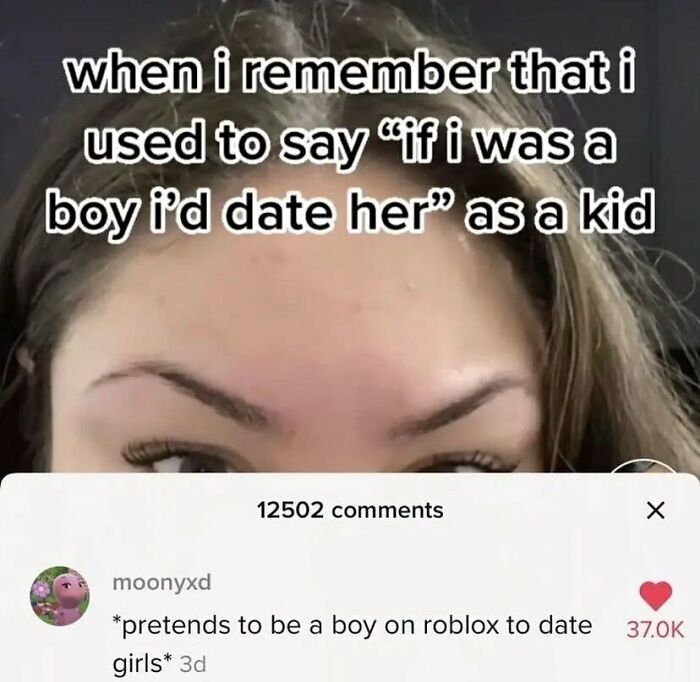 Close-up of a person with text about childhood thoughts and a popular LGBTQ+ meme with 37K likes and 12,502 comments.